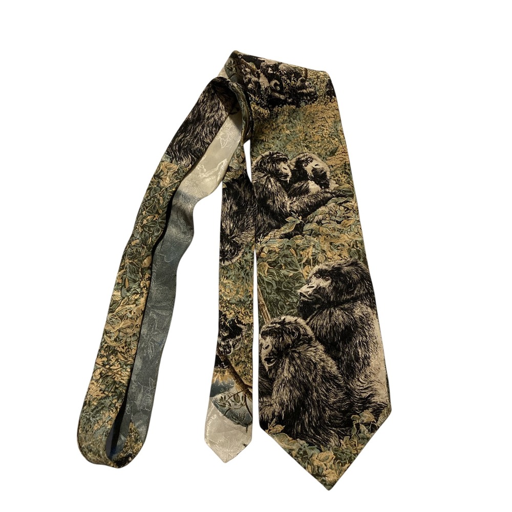 Endangered Species Mountain Gorillas Silk Tie Simon Combes 1995 Vintage Green